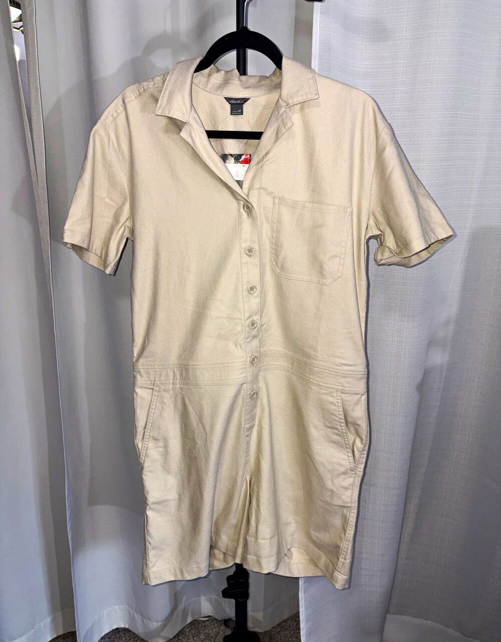 Eddie Bauer Beige Solid Hemp Canvas Collared Button Front Romper Pockets #0182